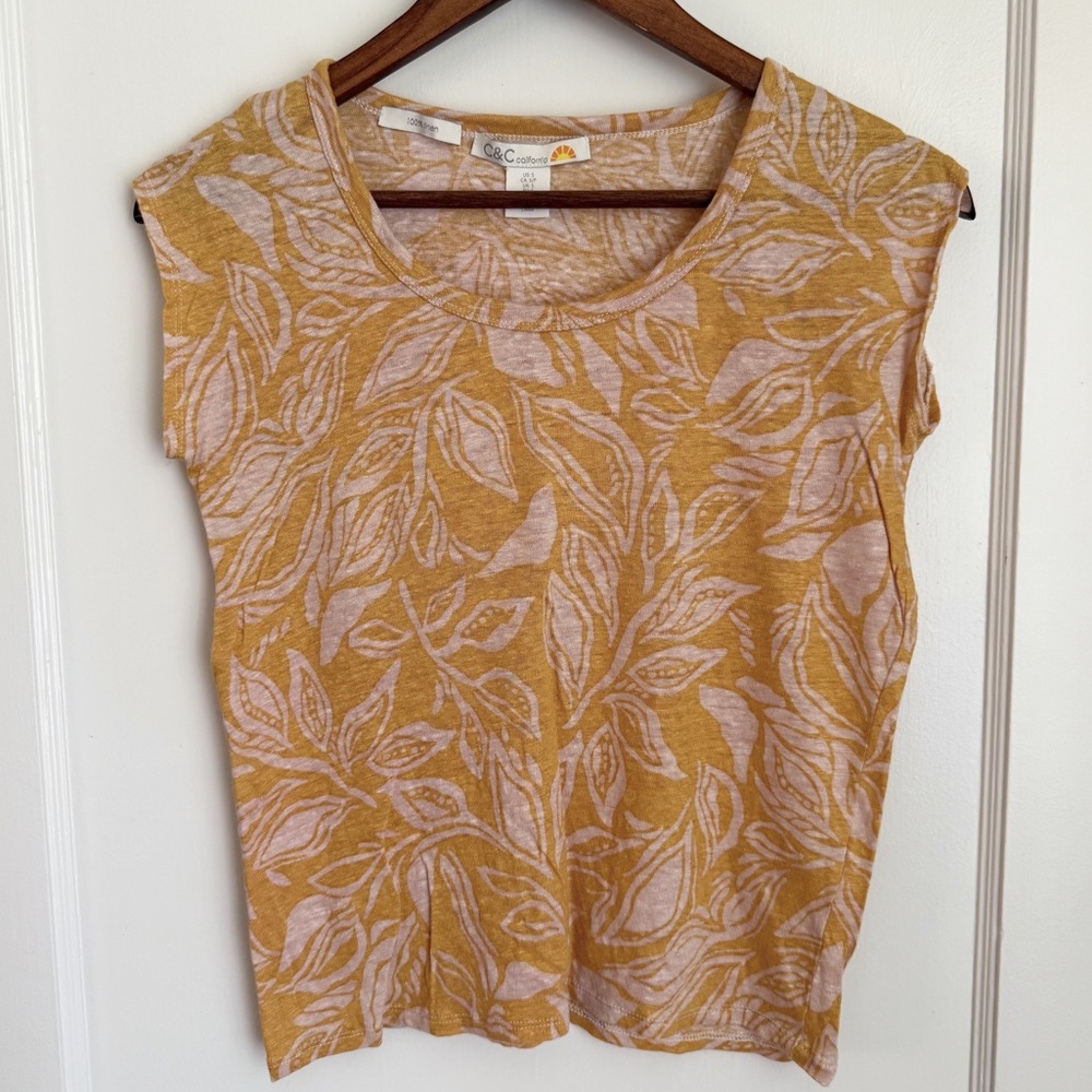 C&C California 100% Linen Tan and Orange Cap Sleeve Muscle Tee